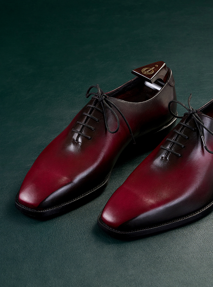 Pair of maroon leather shoes on a dark green background